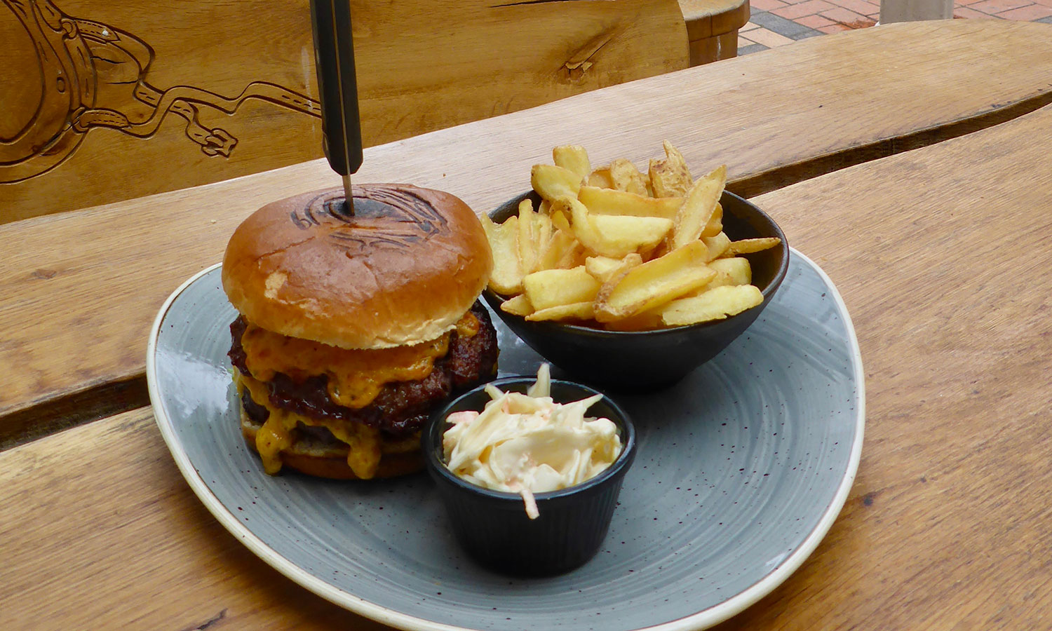 A delicious burger and chips in Y Stablau or roast organic beef from Rhug Estate in the Grill Room - choice is yours! 